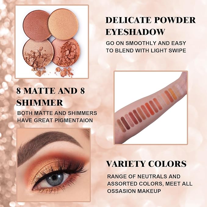 Rechoo 16 Colors Eyeshadow Make-up Palette Neked, Nude Brown Color Matte Shimmer Eye Shadow, High-Pigmented Eyeshadow Neutral, Long-lasting Powder Eyeshadow Palette for Daily and Smokey Make-up-Velvo Beauty