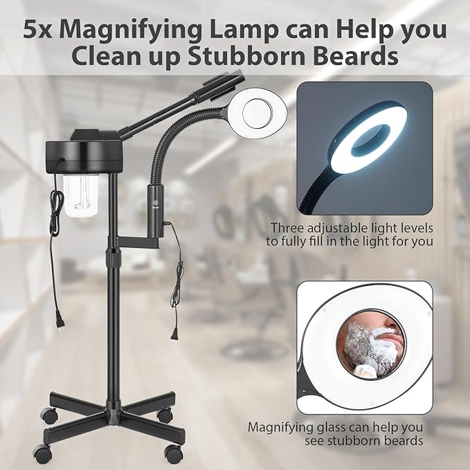 Professional Facial Steamer 2 in1 Steamer for Face 5X LED Magnifying Lamp Facial Steamer for Esthetician Beauty Face Equipment Use at Home or Salon（Black）-Velvo Beauty