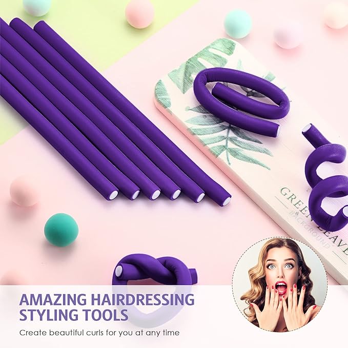 Syhood 30 Pcs 7'' Flexible Curling Rods Twist Foam Hair Rollers Soft Foam No Heat Hair Rods Rollers and 1 Steel Pintail Comb Rat Tail Comb for Women Long Short Hair(Purple,7 x 0.3 Inch)-Velvo Beauty