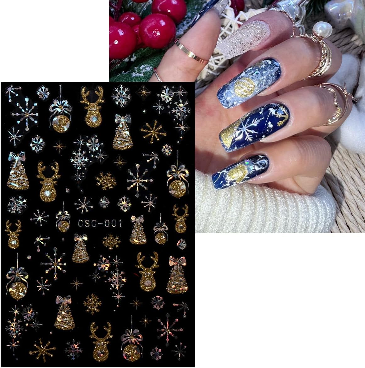 JMEOWIO 8 Sheets Christmas Gold Glitter Silver Nail Art Stickers Decals Self-Adhesive Snowflake Winter Holiday Nail Supplies Nail Art Design Decoration Accessories-Velvo Beauty