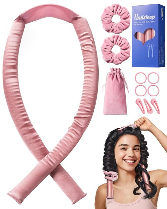 Umisleep 22 Momme 100% Mulberry Silk Heatless Hair Curler Set — Frizz-Free Hair Rollers for Women Long Hair, Overnight Heatless Curls, Upgraded Soft Flat Design with Clips & Scrunchies, Pink-Velvo Beauty