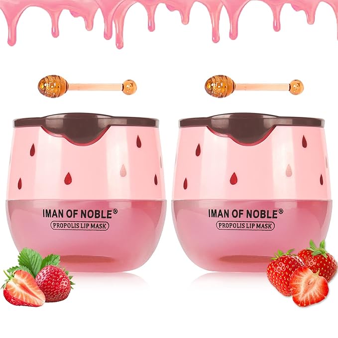 2PCS Strawberry Sleeping Lip Mask,Bee Lip Balm Lip Mask Honey Pot Propolis Moisturizing Lip Balm with Stick,Plumping Lip Hydrating Prevention Dry & Cracked Lip Scrubs Exfoliato Lip Wrinkle Care-Velvo Beauty