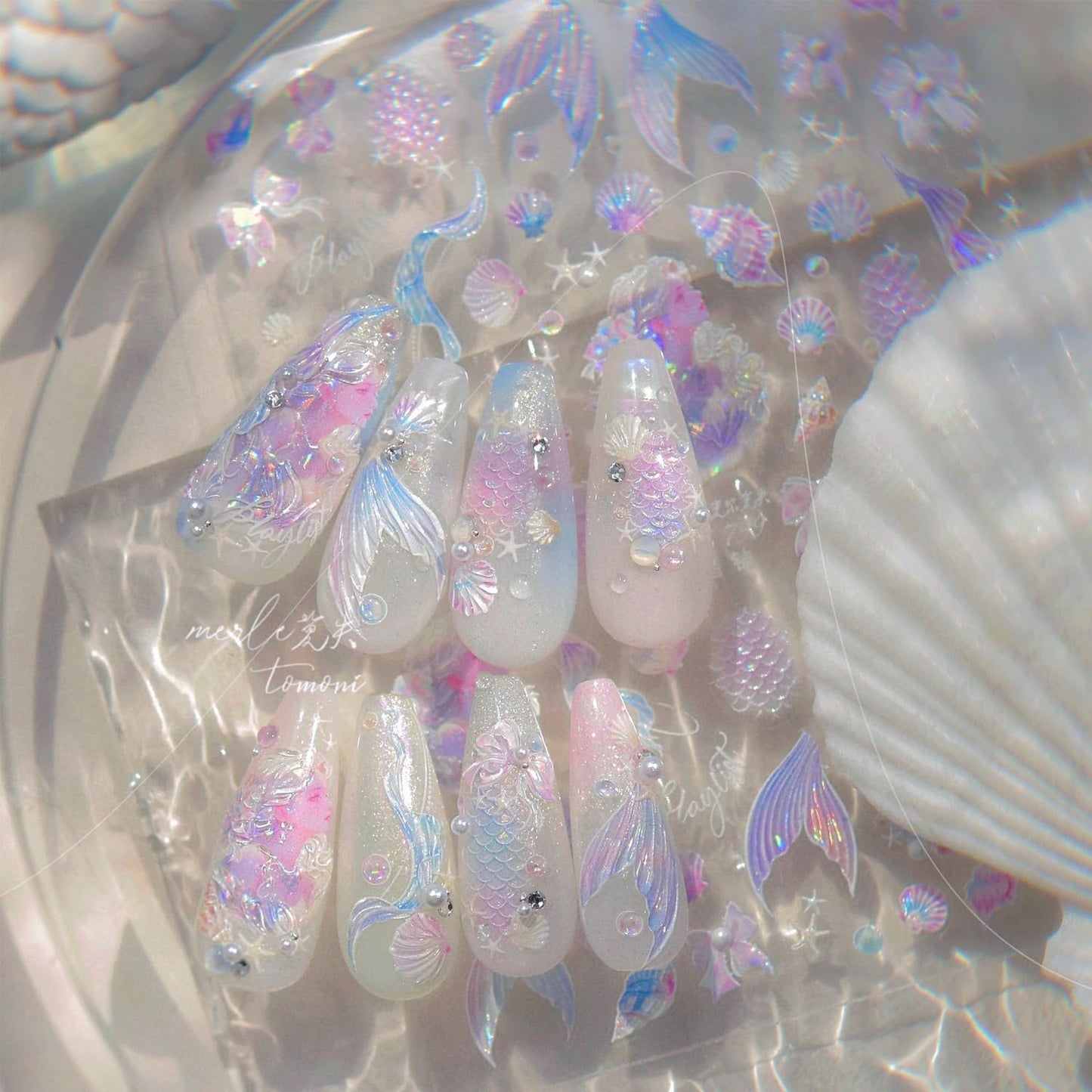 Summer Seashell Starfish Nail Art Stickers 5D Embossed Shiny Shell Nail Decals Cute Mermaid Nail Accessories Ocean Theme Summer Nails Design Pearl Bow Nail Adhesive Sliders for Women Manicure-Velvo Beauty