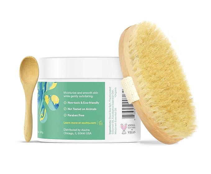 ASUTRA Dead Sea Salt Essential Oil Body Scrub Exfoliator and Dry Brush Bundle (Invigorating Eucalyptus), 16 oz - Ultra Hydrating, Gentle, & Moisturizing - Coconut, Eucalyptus, and Marjoram Oils-Velvo Beauty