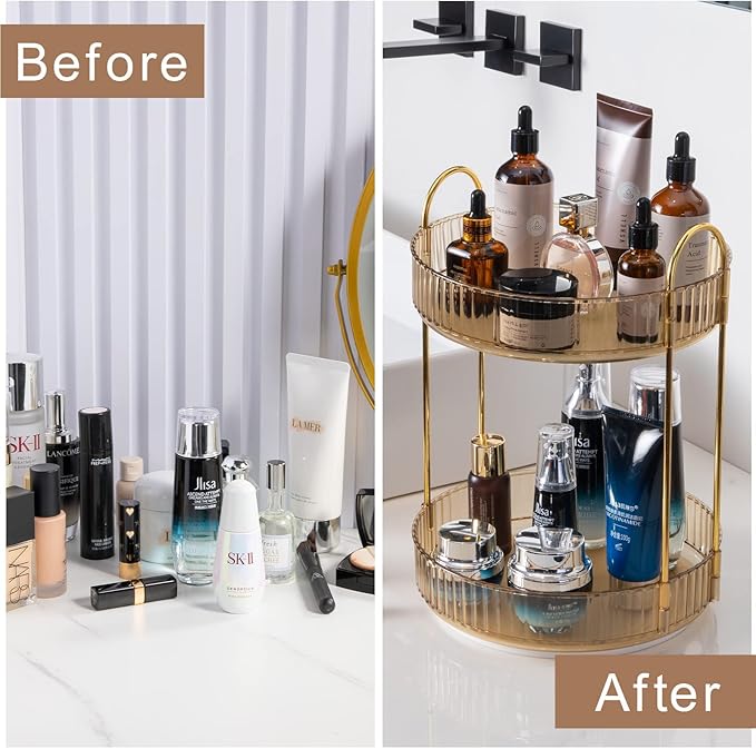 Rotating Makeup Organizer for Vanity, High-Capacity Skincare Clear Make Up Storage Perfume Organizers Cosmetic Dresser Organizer Countertop 360 Spinning (Gold, 2 Tier)-Velvo Beauty