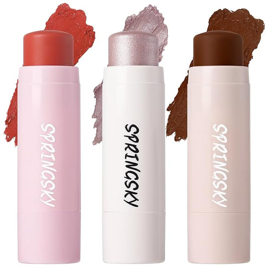 3Pcs Multi-Use Face Makeup Sticks Sets, Blendable Cream Blush Stick For Cheeks Lips, Highlighter Contour Shading Sticks Moisturizer Make Up Sets For Women (02)-Velvo Beauty