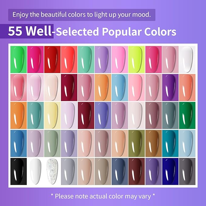 JODSONE 60 Bottles of Gel Nail Polish Kit with U V Light 55 Kinds of Gorgeous and Charming Gel Polish Kit 5 Pieces Soak off Glossy Matte Top Coat Base Coat-Velvo Beauty
