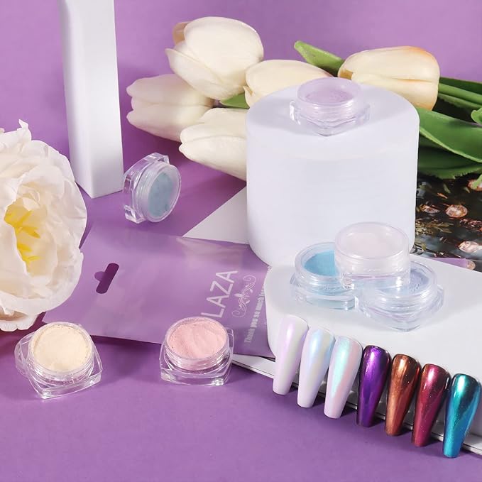 Laza Mermaid Pearl Chrome Nail Powder, 8 Colors Metallic Mirror Effect Pigment, Iridescent Aurora Nail Glitter Dust Kit for Gel Nail Art Decoration, Resin Craft, Gifts - Sweet Candy-Velvo Beauty