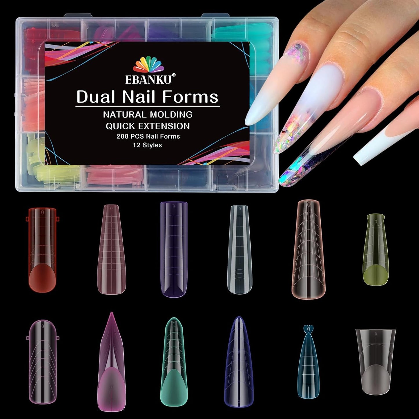 EBANKU Dual Forms for Poly Nail Gel, 288PCS 12 Colors Dual Nail Forms Extension Molds Stiletto Coffin Square Acrylic Nail Tips 12 Shapes for Builder Gel Manicure Nail Art Design Salon DIY at Home-Velvo Beauty