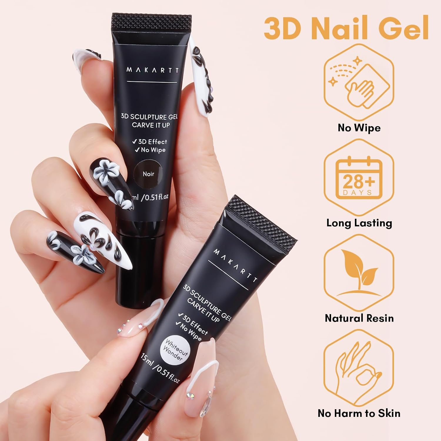 Makartt 3D Gel Nail Art: White and Black Sculpting Candy Molding Gel No Wipe Craving Embossed Gel Polish Set for Decoration Manicure Charm Designs (Whiteout Wonder & Noir)-Velvo Beauty