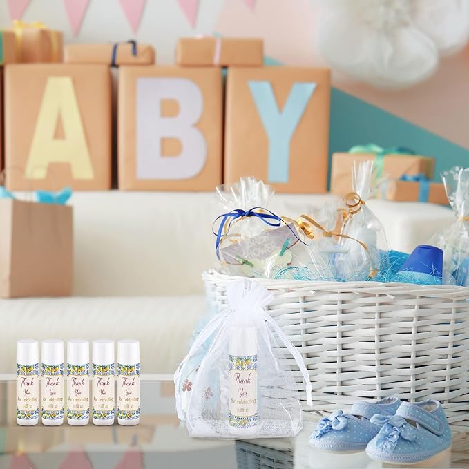 Demissle 50 Pcs Baby Shower Lip Balm Gift Set with 100 Pcs Organza Bags Baby Shower Party Favor for Guest Thank You Tag Rope Baby Shower Party Decoration Gender Reveal Souvenirs (Lemon)-Velvo Beauty