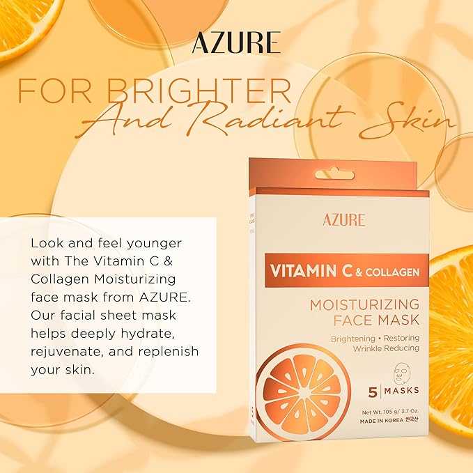 Azure Cosmetics Vitamin C & Collagen Moisturizing Facial Sheet Mask- Anti Aging, Deeply Moisturizing & Firming - Improves Elasticity - Skin Care Made in Korea - Pack of 5-Velvo Beauty