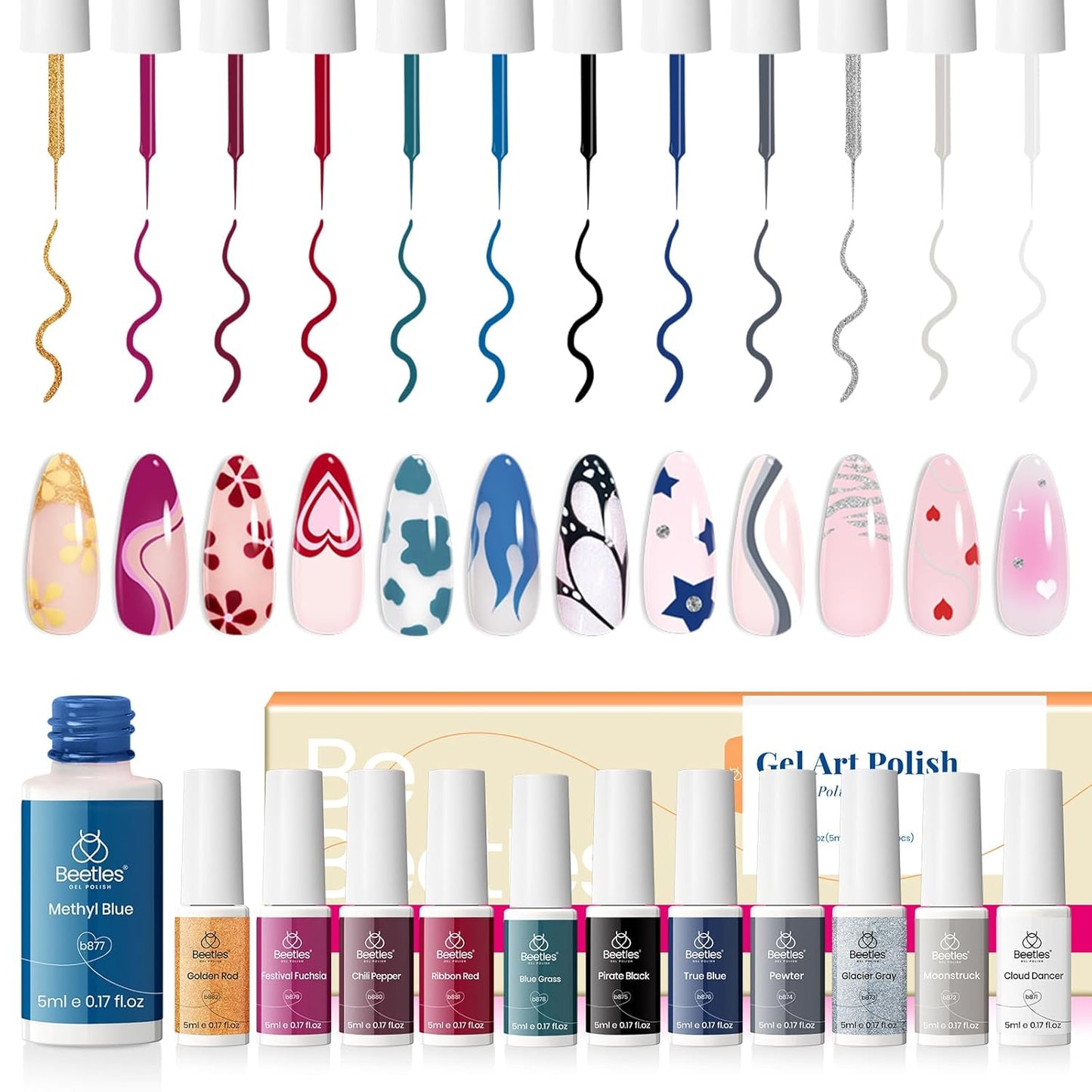 beetles Nail Art Polish-12 Colors Gel Liner Nail Polish Set Pink Blue Red Green White Gold Liner Gel Polish Gel Nail Polish Soak Off Uv Led Lamp Manicure Gifts for Women-Velvo Beauty