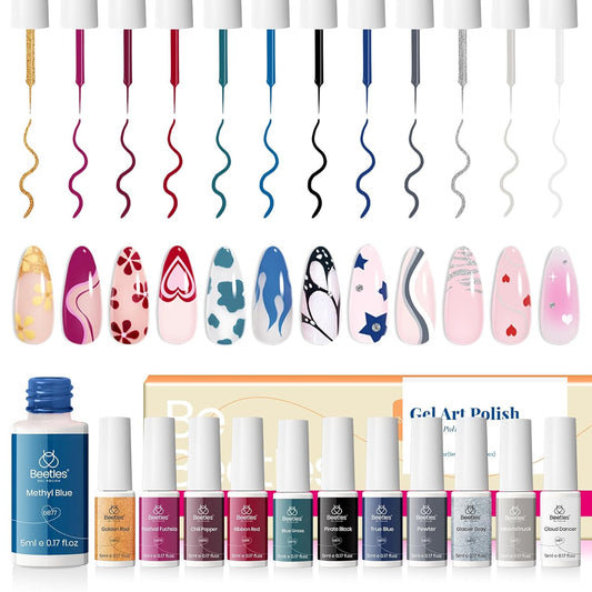 beetles Nail Art Polish-12 Colors Gel Liner Nail Polish Set Pink Blue Red Green White Gold Liner Gel Polish Gel Nail Polish Soak Off Uv Led Lamp Manicure Gifts for Women-Velvo Beauty