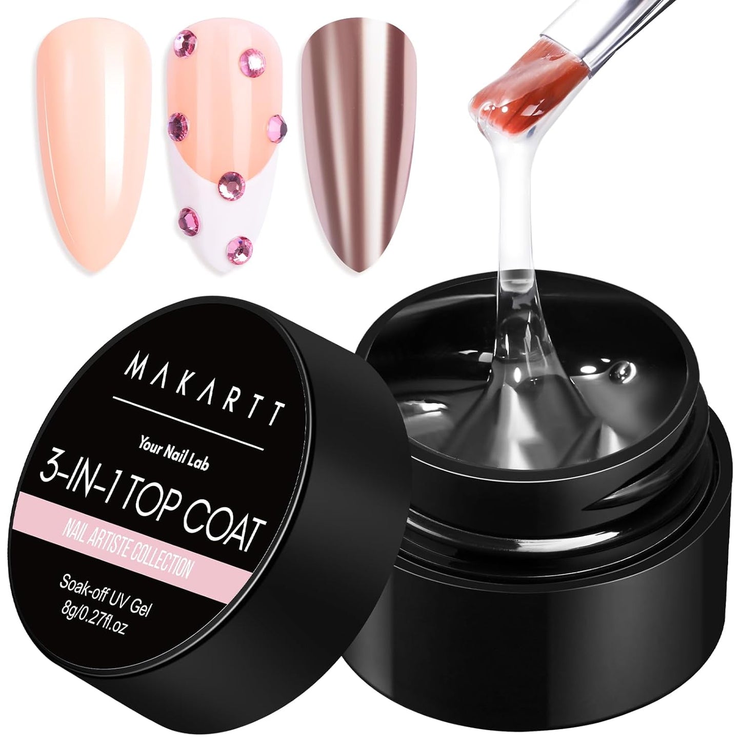 Makartt Hard Gel Top Coat: 3-in-1 Nail Polish Soak-off UV Gel Glossy Finish Long Lasting for Nail Strengthen Nail Charms Rhinestone for Home Salon Manicure Use-Velvo Beauty