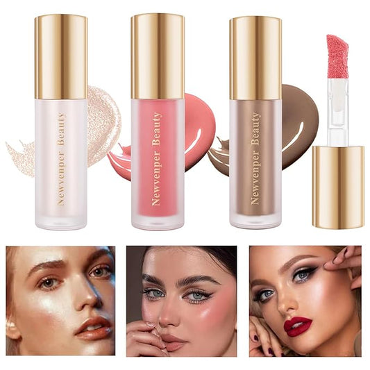 Face Blush+ Face Highlighter+ Face Contour with Brush Liquid Blush, Liquid Highlighter, Liquid Contour Long Lasting & Smooth Creamy Formula Lightweight Blush, Illuminator, Contour-Velvo Beauty