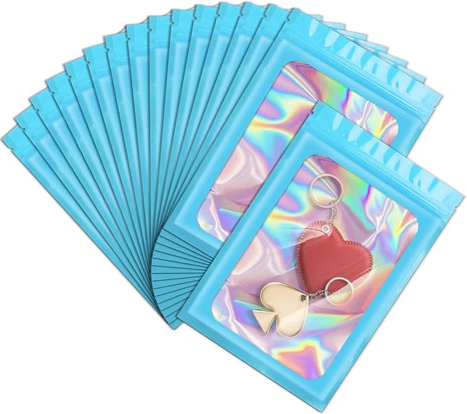 ANZNKU 100 Pack Mylar Bags Reasealable Holographic Bags, Smell Proof Bag Zipper Pouches with Clear Window, Jewelry Candy Sealable Bag for Packaging Sample Party Favor(Blue, 7.1 x 10.2 Inch)-Velvo Beauty