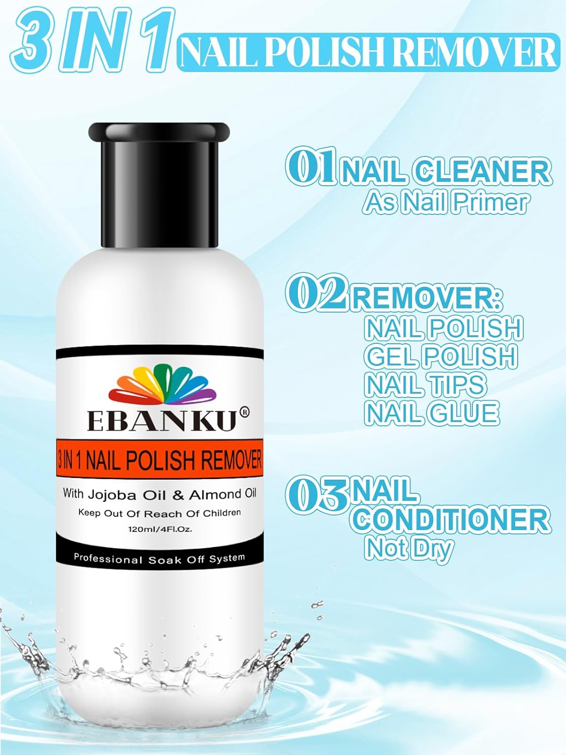 EBANKU Nail Polish Remover Kit, 120ML Professional Soak off Gel Remover with 50pcs Nail Foil and Tools for Nail Moisturizing & Care, Acrylic Dip Powder Nails Remover-Velvo Beauty