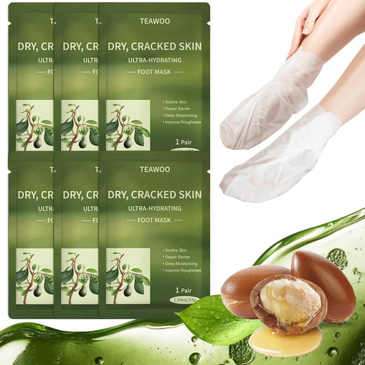6 Pairs Moisturizing Foot Masks with Shea Butter, Jojoba Oil, Vitamin E & Urea, 6 Pairs Intensely Hydrating Foot Mask For Dry Cracked Feet, Moisturizing Socks for Cracked Heel Treatment-Velvo Beauty