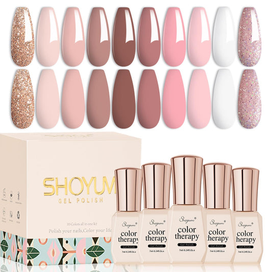 Nude Gel Nail Polish Set, 10 Colors Neutral Gel Polish Nude Pink Skin Tone Glitter Nail Polish Gel Starter Kit Soak Off All Season LED Manicure DIY Salon Gifts for Women Girls-Velvo Beauty