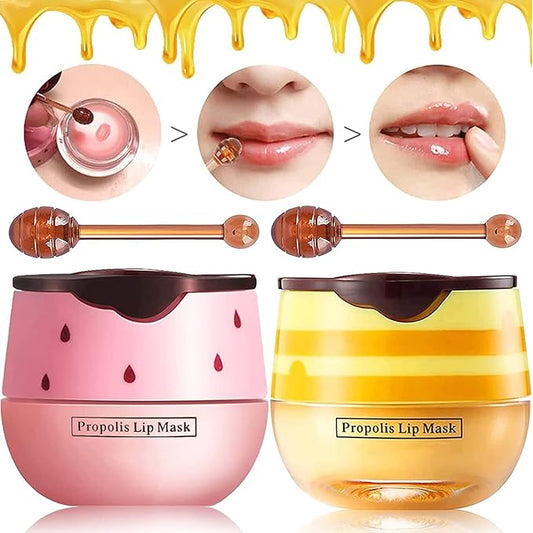 2 Pack Bee Lip Balm Honey Pot, Honey & Strawberry Lip Mask Propolis Lip Mask Moisturizing Hydrating Prevention Dry and Cracked Lip Scrubs Exfoliator (Honey+Strawberry)-Velvo Beauty