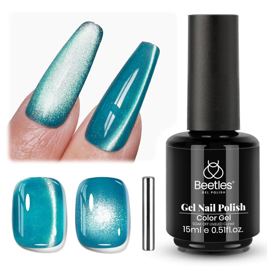 Beetles Blue Cat Eye Gel Polish, 15ML Blue Glass Cat Eye Glitter Gel Polish with Magnet Shimmer Translucent Sheer Color Soak Off UV Tide beam Series French Nail Art Dsign Gift for Women-Velvo Beauty