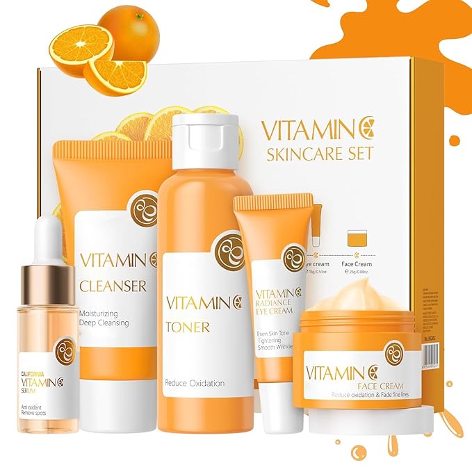 Vitamin C Skincare Set, 5Pcs Skincare Gift Set With Cleanser, Toner, Face Serum, Face Cream, And Eye Cream, Facial Kit for Women, 5-In-1 Skin care Gift Set, Moisturizing Skincare Set For Women Men-Velvo Beauty