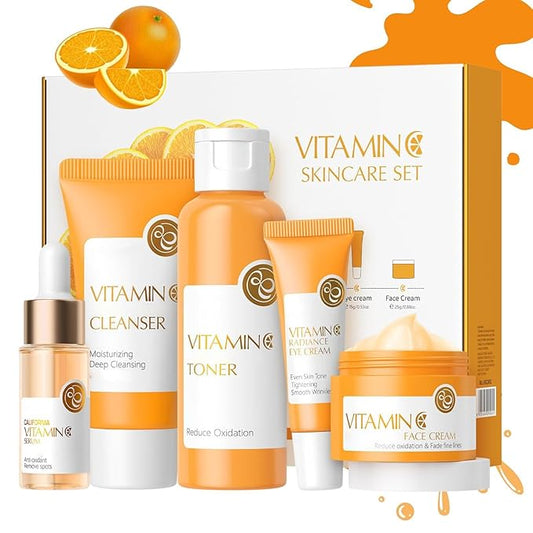 Vitamin C Skincare Set, 5Pcs Skincare Gift Set With Cleanser, Toner, Face Serum, Face Cream, And Eye Cream, Facial Kit for Women, 5-In-1 Skin care Gift Set, Moisturizing Skincare Set For Women Men-Velvo Beauty