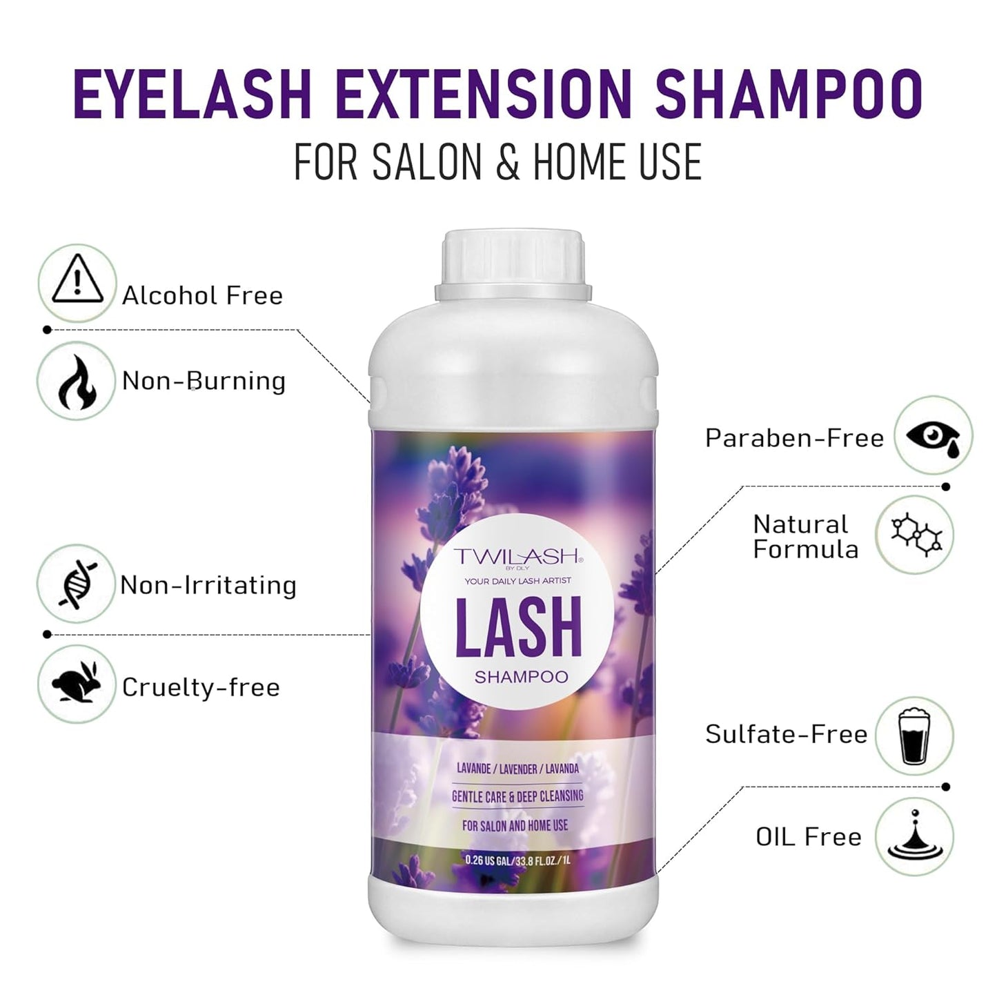 Lash Shampoo Bulk, Eyelash Cleanser for Extensions 1 Liters, Safe Makeup Remover, Non-irritating or Burning Formula Eyelid Foaming Cleanser for Professional Salon and Home Use (Lavender-1L)-Velvo Beauty