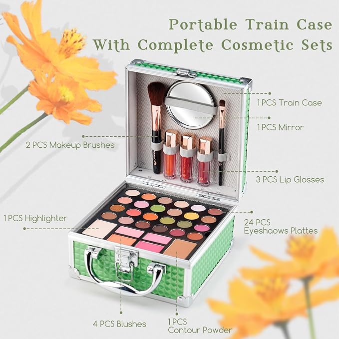 Color Nymph Beginner Makeup Kit For Teens With The Small Cosmetic Train Case Included 24-Colors Eyeshadow Palette Blushes Bronzer Highlighter Lipstick Brushes Mirror(Green)-Velvo Beauty