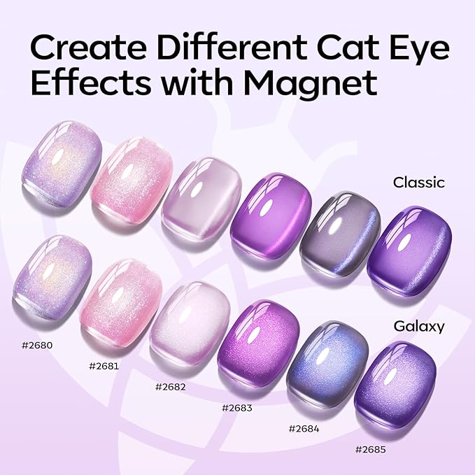 modelones Cat Eye Gel Nail Polish, 6 Colors Purple Pink Glitter Gel Polish Set with Magnet Sparkle Galaxy Series Nail Polish Kit Soak Off Led Nail Art Manicure Salon DIY Gifts-Velvo Beauty