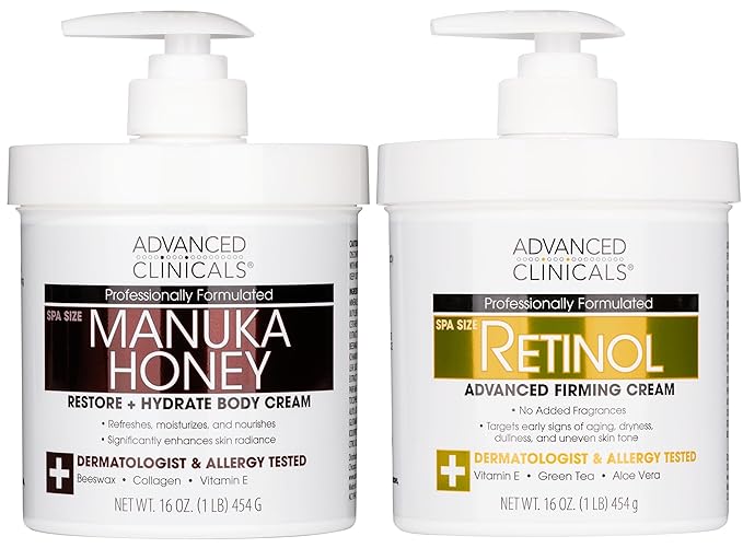 Advanced Clinicals Unscented Retinol Body Lotion & Face Moisturizer + Manuka Honey Body Cream For Women & Men | 2PC Skincare Set Helps Reduce Appearance Of Crepey Skin + Extremely Dry Skin, 2pc Set-Velvo Beauty
