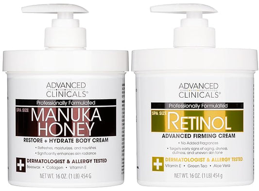Advanced Clinicals Unscented Retinol Body Lotion & Face Moisturizer + Manuka Honey Body Cream For Women & Men | 2PC Skincare Set Helps Reduce Appearance Of Crepey Skin + Extremely Dry Skin, 2pc Set-Velvo Beauty