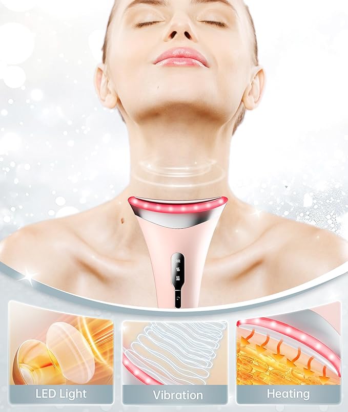 7 Color Light Therapy Facial Massager with Adjustable Vibration and Thermals for Wrinkles, Double Chin, Red Light Skin Care Tool with Base, Pink-Velvo Beauty