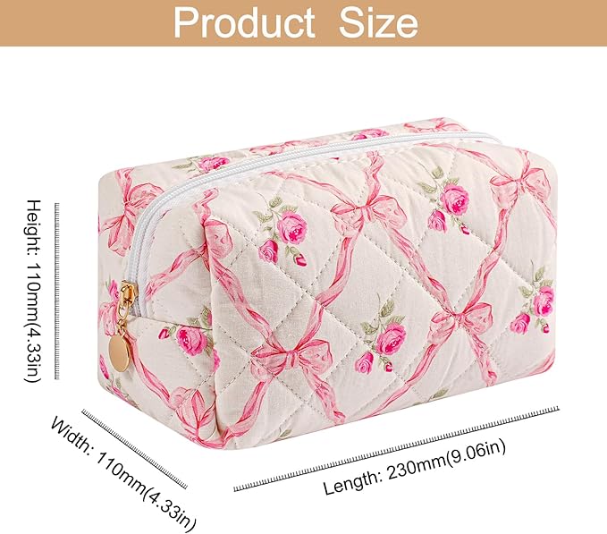 Makeup Bag Travel Cosmetic Bag for Women Girls, Zipper Make Up Pouch, Floral Flowers Toiletry Organizer Makeup, Portable Storage Bag, Cosmetic Travel Cloth Bag (2 Pack (L+S)/Pink Bowknot)-Velvo Beauty