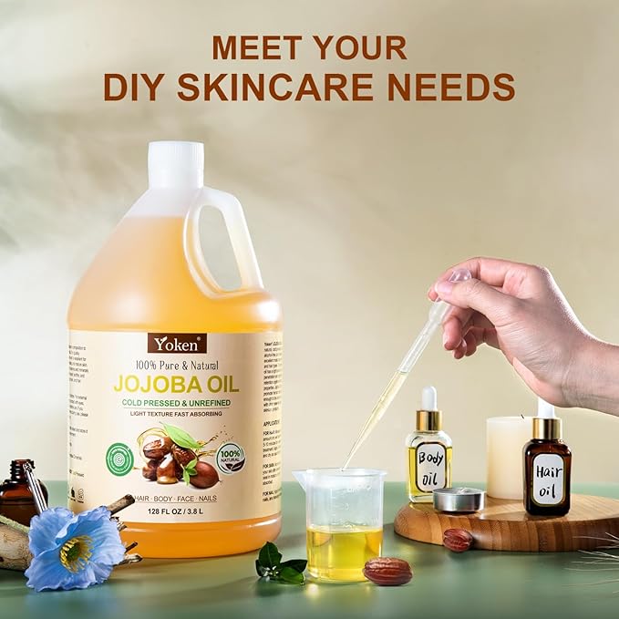 Yoken 1 Gallon Jojoba Oil EWG Verified - 100% Pure Jojoba Oils Bulk Cold Pressed Unrefined Hexane Free Virgin Golden jojoba Carrier Oil for Hair Skin Massage DIY Natural Body Moisturizer-Velvo Beauty