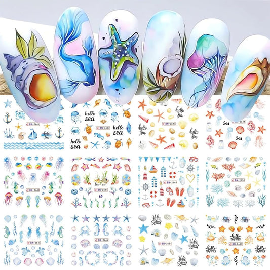 Summer Nail Art Stickers 12 Sheets Seashell Starfish Water Transfer Foils Decals Jellyfish Shells Sea Turtles Seahorses Design Acrylic Ocean Theme Supplies for Women DIY Decor-Velvo Beauty