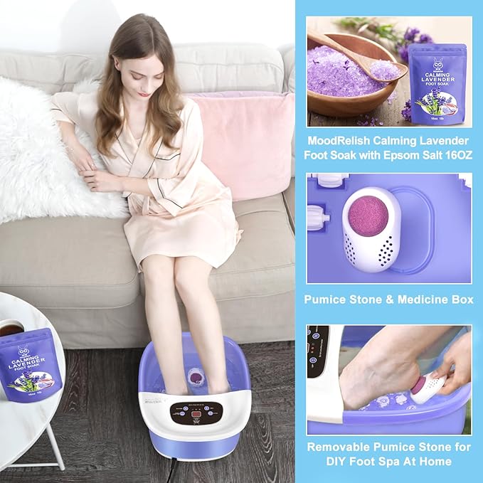 Foot Spa Bath Massager with Heat Bubbles and Vibration Massage and Jets, 16 OZ Calming Lavender Foot Soak Epsom Salt, MoodRelish Foot Soaker With Red Light, 22 Massage Rollers, Adjustable Temp -Purple-Velvo Beauty
