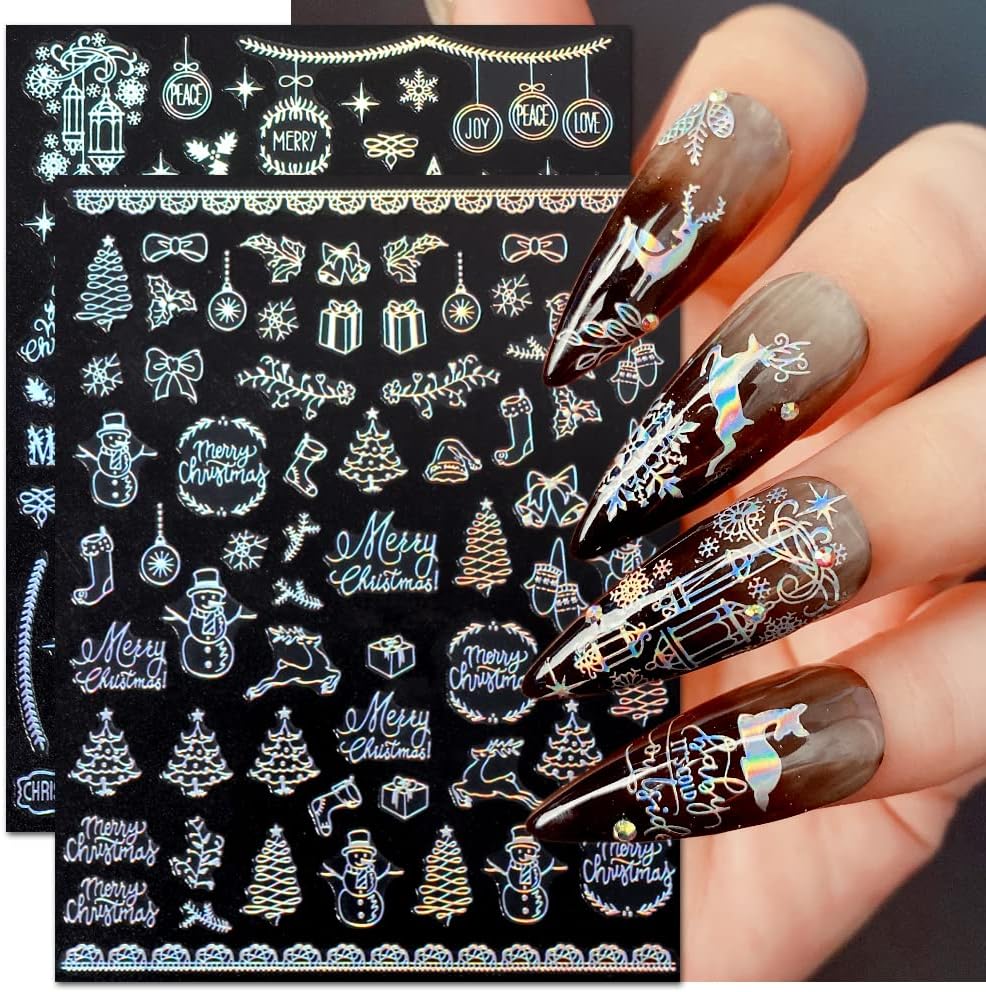 9 Sheets Aurora Christmas Nail Art Stickers Decals Self-Adhesive Pegatinas Uñas Glitter Rose Gold Snowflakes Winter Nail Supplies Nail Art Design Decoration Accessories-Velvo Beauty