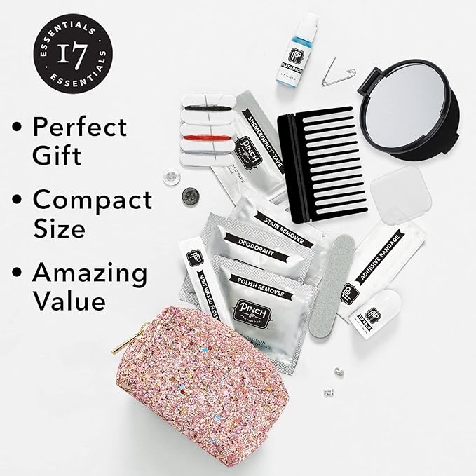 Pinch Provisions Rose Gold Minimergency Kit, includes 17 Travel-Sized Cosmetic Essentials, Convenient for Purses, Emergency Beauty Accessories, Gifts for Holiday’s & Birthday’s-Velvo Beauty