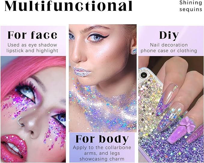2 Colors Roll-on Body Glitter Gel, Holographic Glitter Gel Under Light for Face Hair, Body Shimmer for Rave Accessories Christmas New Year Halloween Makeup (8+12)-Velvo Beauty