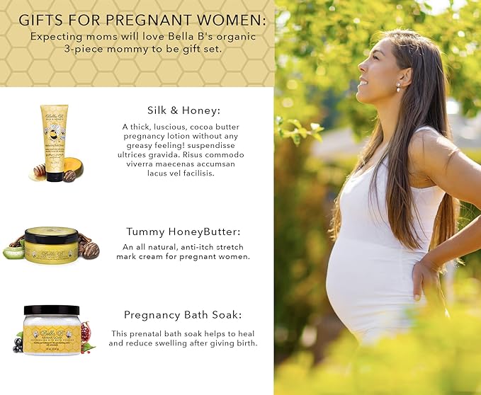 BELLA B 3-Piece Gift Set - Pregnancy Gifts For First Time Moms - Pregnant Mom Gifts - Mom To Be Gifts - Pregnancy Gift Basket - Sitz Bath Soak - Honey Tummy Butter - Silk And Honey Moisturizing Cream-Velvo Beauty