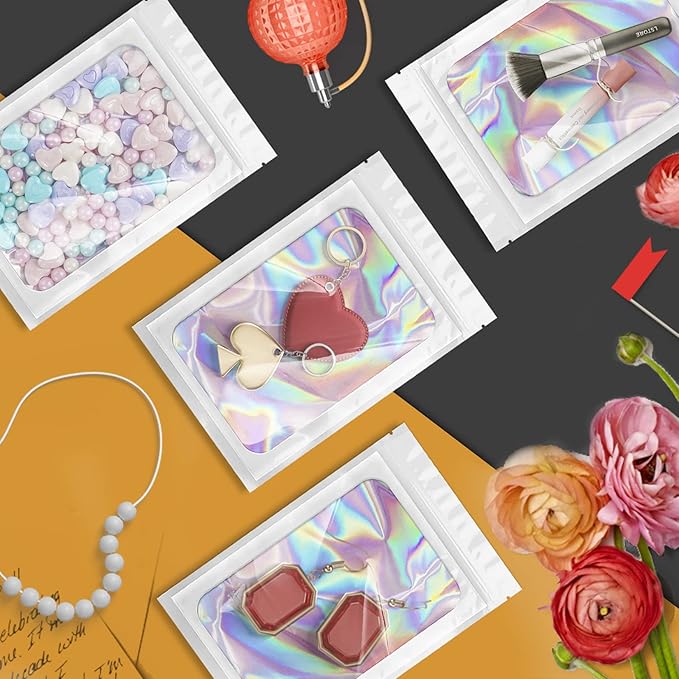 100 Pack Holographic Bags, Smell Proof Packaging Bags, Clear Window Resealable Odor Foil Pouch Mylar Bag for Food Storage and Lipgloss, Jewelry Lash (White, 3 x 4.7 Inch)-Velvo Beauty