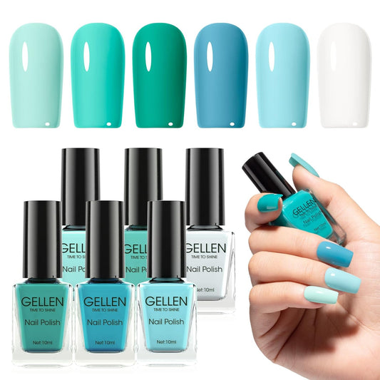 GELLEN Teal Regular Nail Polish Non Gel, Fast Air Drying Mint Turquoise Nail Polish No UV Light Needed Spring Summer 6 Colors Blue Green Set for Women Girls Manicure Home Salon, Hema Free, 0.33 Fl.Oz-Velvo Beauty