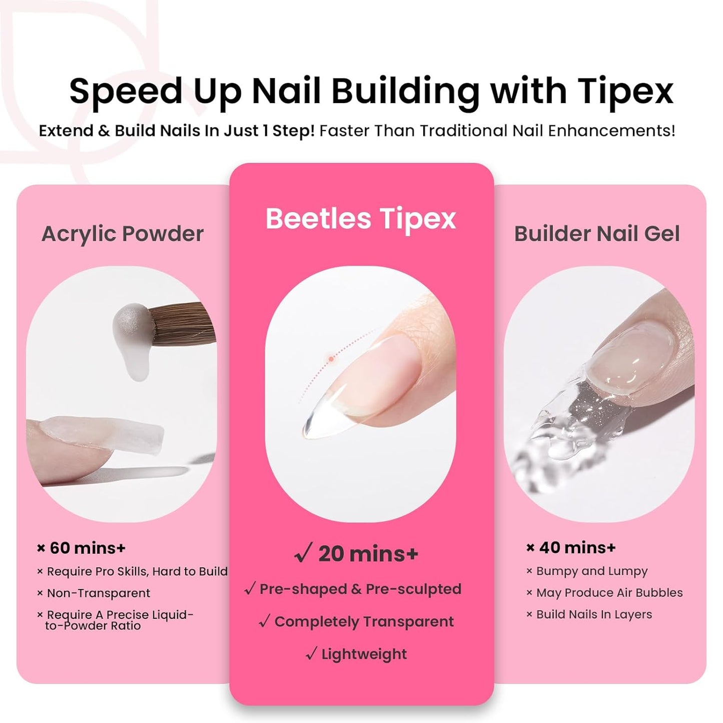 Beetles Tipex Instant Apex Nail Tips Kit, Medium Oval Almond 224Pcs 16 Sizes Pre-Building & Pre-Etched Thicker Acrylic Nails False Nail Extension with Tipex Nail Glue Mini Nail Lamp-Velvo Beauty
