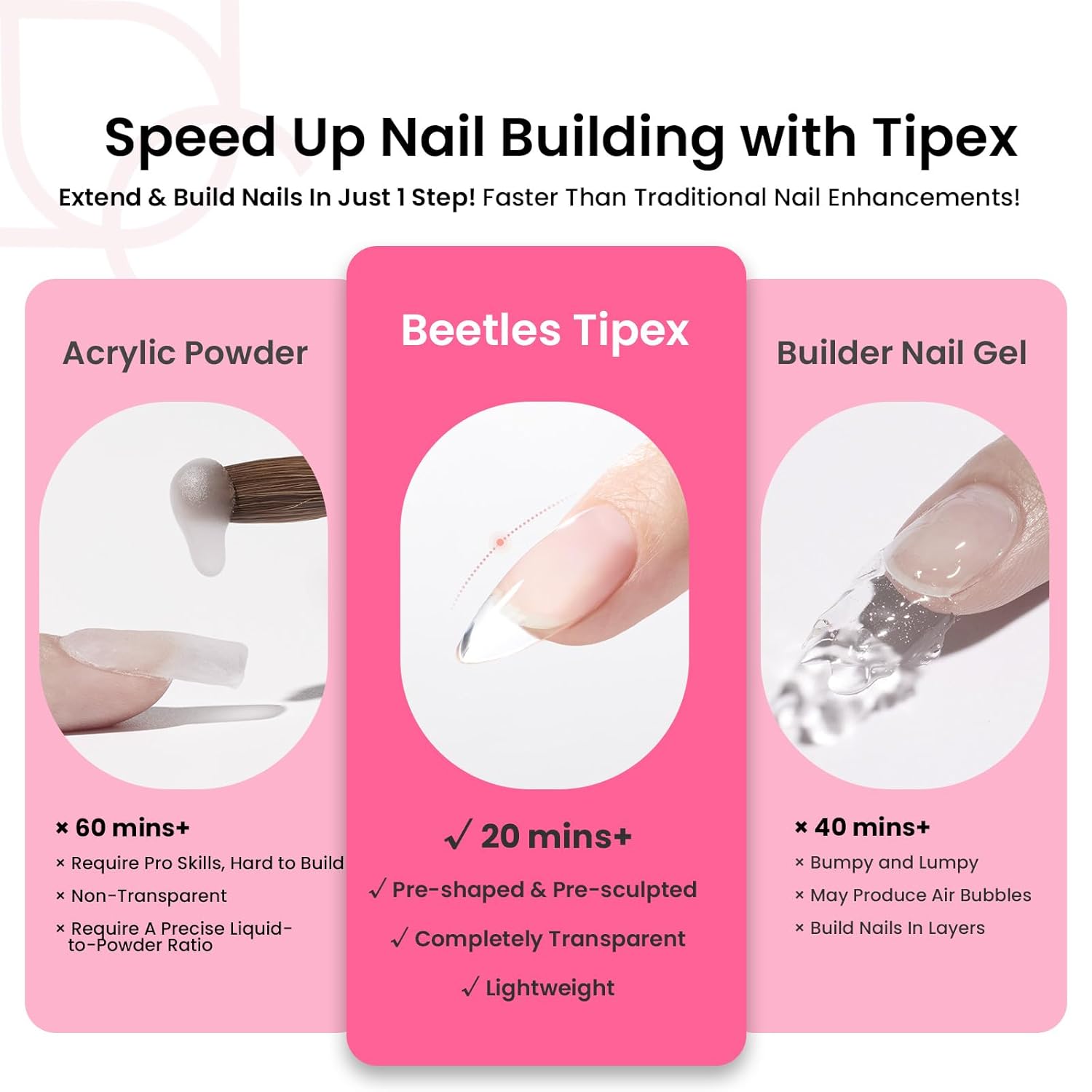 Beetles Tipex Instant Apex Nail Tips Kit, Medium Oval Almond 224Pcs 16 Sizes Pre-Building & Pre-Etched Thicker Acrylic Nails False Nail Extension with Tipex Nail Glue Mini Nail Lamp-Velvo Beauty