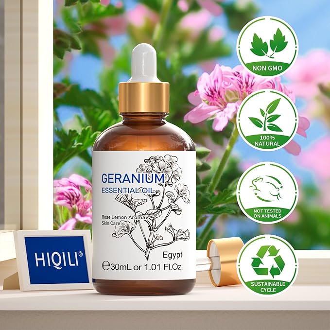 HIQILI 30ML Geranium Essential Oil， for Skin, Diffuser & Candle, 100% Pure and Natural - 1.01 Fl.Oz-Velvo Beauty