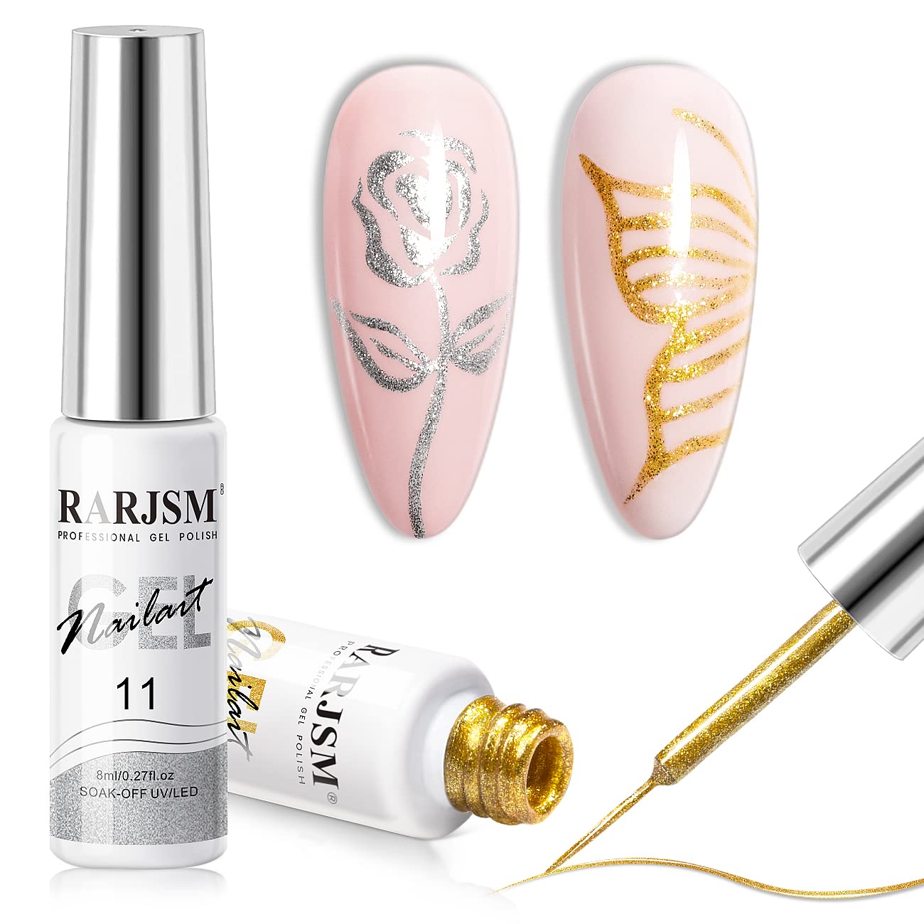 RARJSM Gel Liner Nail Art Silver Gold Glitter Nail Design Polish Painted Gel Nail Polish Set 2Pcs Soak off Curing Requires 8ml Build in Thin Brush for Home Salon Diy Nail Decoration Dotting Painting-Velvo Beauty