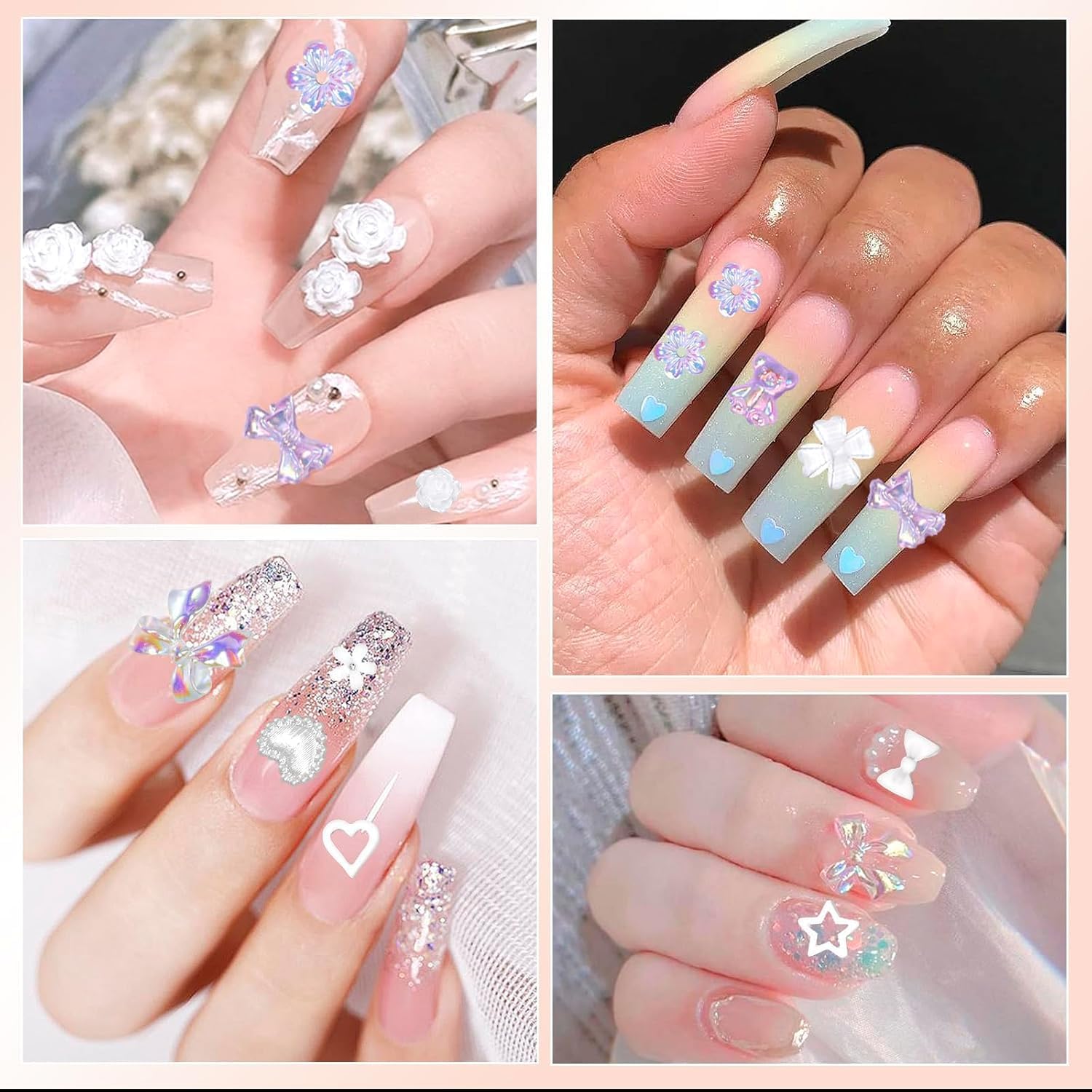 3D Nail Charms and Gems, Mix Flower Bow Heart Colorful Acrylic Nail Art Charms, Mix Nail Pearl Rhinestones and Caviar Beads for Nails, Cute Hollow Pearls Jewelry for Art Design DIY Crafts-Velvo Beauty