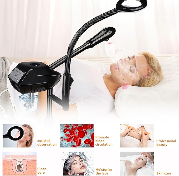 Facial Steamer for Ozone Humidifier Atomizer Attach 5× Magnifier and Light, Professional Face Steamer Clean Skin Firming Pores and Moisturizing Suitable for a Beauty, Spa, at Home-Velvo Beauty